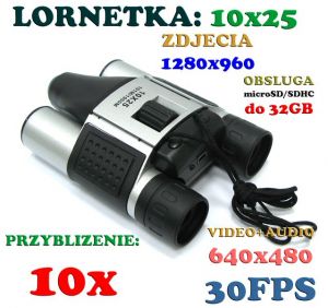 Lornetka 10x25 Z kamerą + Zapis Obrazu / Dźwięku + Aparat Foto +  Współpraca z PC + Akcesoria.